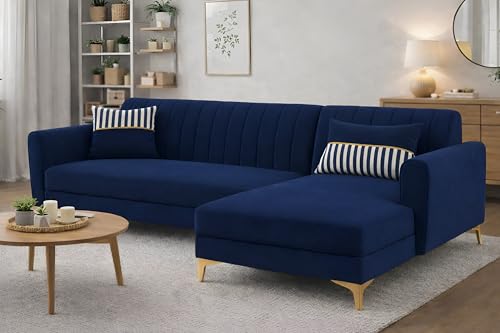 Image of Adorn India Premium Luster 6 Seater L Shape Sofa Set | Velvet Suede Fabric | 3-Year Warranty | RHS |Color Blue with Golden Legs & Striped Pattern Cushion