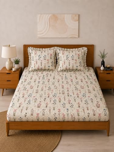 Image of 380 TC Premium Glace Cotton Elastic Fitted Bedsheet King Size with 2 Pillow Covers King Size | Double Bed with All Around Elastic (HALALUIA, Fitted - 72 inchx78 inch King)