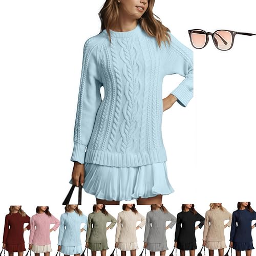 Women Crewneck Cable Knit Sweater Mini Dress, Cable Knit Sweater Dress Women, Patchwork Dress, with Skirt and Round Neck