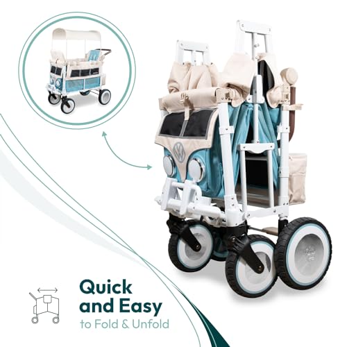wonderfold volkswagen double stroller wagon 2 seater - foldable wagon stroller with classic vw bumper headlights and retro all-terrain xl wheels bondi blue