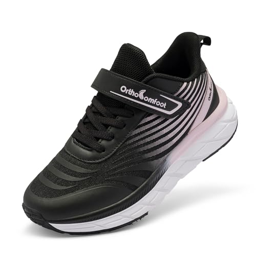 OrthoComfoot Children Orthotic Sneakers, Arch Support Shoes for Flat Feet & Posture Correction, Lightweight Running Tennis Shoes, Black Pink, Little Kid 3.5