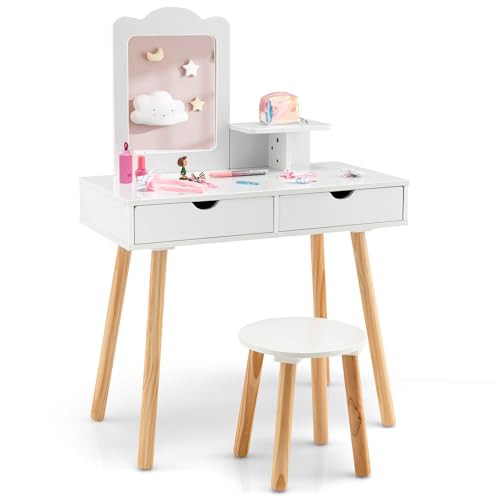 Olakids Kids Vanity Set, 2 in 1 Wooden Princess Makeup Table and Chair with Mirror, Storage Shelf Drawers for Little Girls, Toddler Dressing Desk Pretend Beauty Play Set Toy Gift