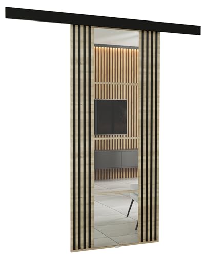 KIER FURNITURE Wandschiebetüren mit Spiegeln EMPI 80 – Schiebetür Komplettset Schiene Komplettset Mit Tür – Zimmertüren Mit Zarge Komplett - B86xH205xT1,6 cm - Sonoma Eiche
