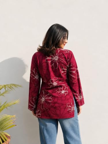 Image of Women Rayon Printed Short Kurti for Women | Floral V Neck Short Kurta Top | Full Sleeve Casual Kurti for Girls & Women