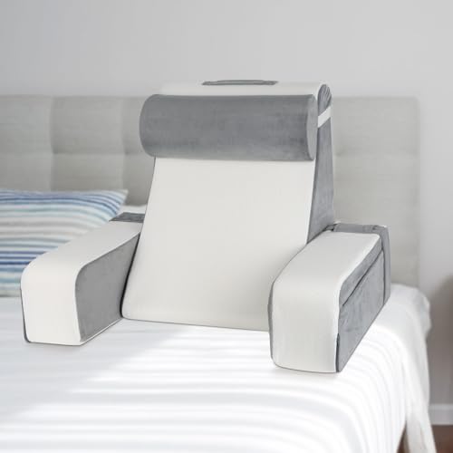 Osrioal Reading Pillow for Bed Adult, Back Support Cushion with Pockets, Back Cuddle Cushion Detachable Arms & Neck Roll, Removable Back Support Chair Pillowfor Sofa Bed Floor Office