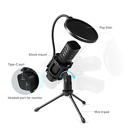 Tomshin Microfone USB Microfone Cardióide Condensador com Suporte de Tripé Suporte de Choque de Filt