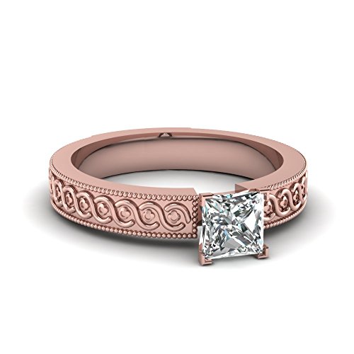 Image of 55Carat Choose Your Gemstone Engraved Milgrain Solitaire Ring Rose Gold Plated Princess Shape Solitaire Engagement Rings Matching Jewelry Wedding Jewelry Easy to Wear Gifts US Size 4 to 12