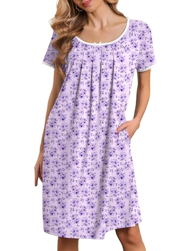 Ekouaer Moo Moos for Women Short Sleeve House Dresses with Pockets Pleated Mumu Dress Soft Nightgowns Light Purple Florals XL