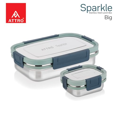 Image of ATTRO Sparkle Big Stainless Steel Lunch Box 2-Piece Set - 900ml + 200ml - Leak-Proof, BPA-Free, Compact & Durable - Ideal for Kids, Office, Travel - Green