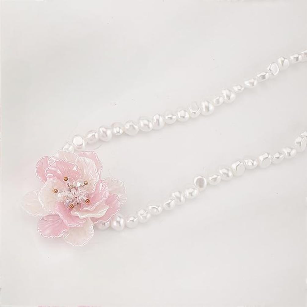 Delicate Large White Shell Pearl Flower Choker Necklace for Women, Trendy Colorful Floral Zircon Beaded Pearls Chain Necklaces Boho Party Prom Jewelry - Image 5