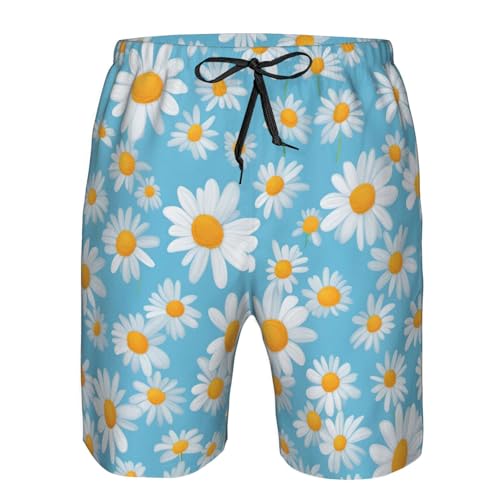 White Daisy in Light Blue Background Print Men's Swim Trunks with Liner,Beach Shorts for Summer,Suitable for Water Activities4