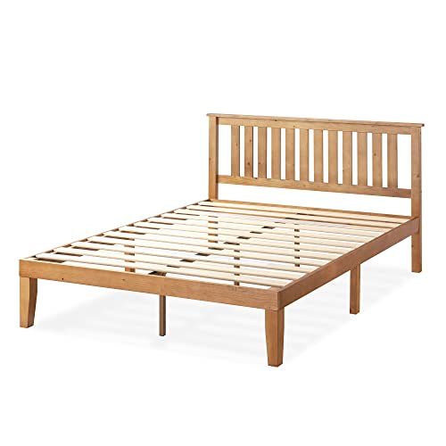 Mellow Marley 14 Inch Solid Wood Platform Bed with Paneled Headboard, Natural Pine, Full
