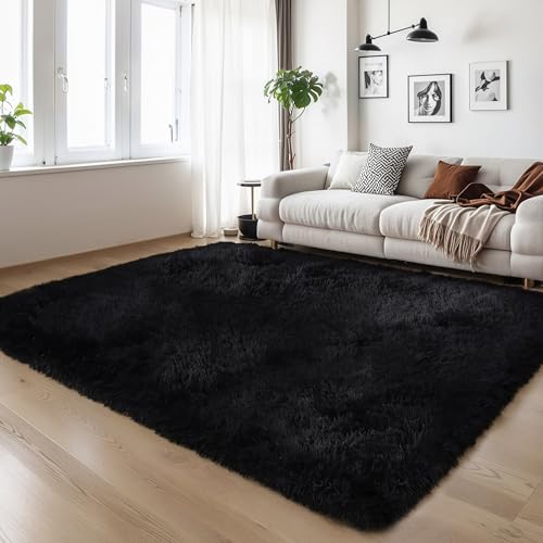 KCHOWUA Thick Black Fluffy Shag 5x8