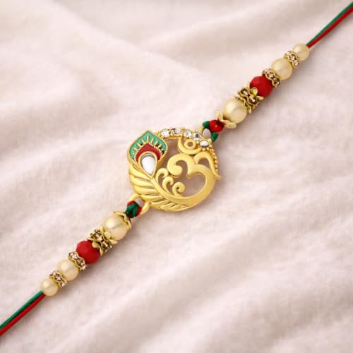 Image of Riddhika Ventures Glorious Gold Plated Auspicious Diamond Ring Rakhi with Roli Chawal and Greeting Card