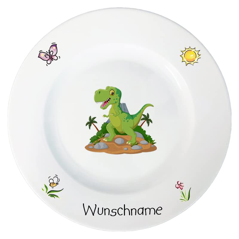 Speiseteller 27cm Kinderteller Teller Porzellan Dinosaurier personalisierbar mit Wunschname Name Kindergeschirr mit Namen personalisiert