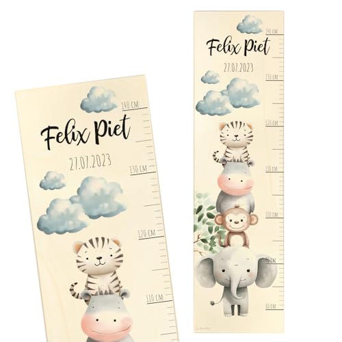 Geschenkfreude Messlatte Kinder personalisert 80-140cm - mit Tieren als Dekoration fürs Kinderzimmer - personalisierte Messlatte Kinder Holz - tolles Geburts Geschenk