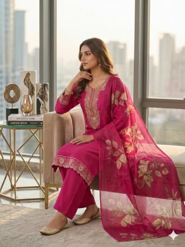 Image of KD Women Embroidery Rayon Kurta Pant Set with Dupatta | Kurta Set for Women | Daily Office & Festive Traditional | Stylish Kurti Pant Set with Dupatta