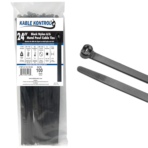 Kable Kontrol Metal Pawl Cable Ties, 24 Inch 100 Pcs, 120 Lbs Test – Black