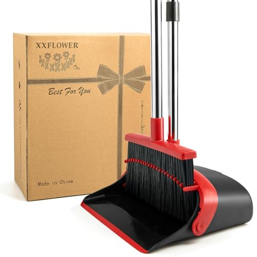 Image of Broom and Dustpan Set for Home, Broom with Dustpan Cleaning Teeth Combo Set, Indoor Sweep Broom with Long Handle for Office Home Kitchen Lobby Floor (Black Red)
