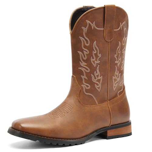 Western Cowboy Boots for Men Embroidered Square Toe Comfortable Chunky Heel Fashionable Retro Stylish Boots