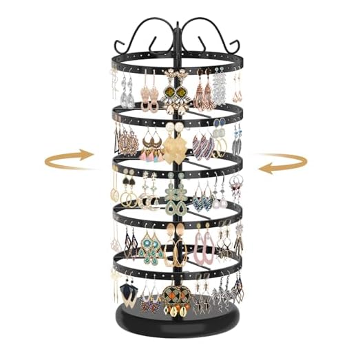 MODOWEY 5 Tiers Metal Rotating Earring Holder Organizer, Exquisite Jewelry Display Stand Necklace Rack Holder, 220 Holes for Earrings- 14x6.3 Inch (Black)
