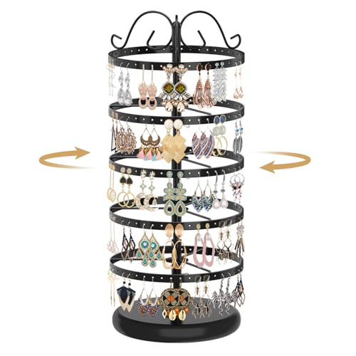 Image of MODOWEY Rotating Earring Holder Organizer Stand, 5 Tier Metal Tree Display for Women Vendors, 220 Holes Adjustable Jewelry rack for Stud Hoop Dangle Storage, Trendy Carousel Keeps Dresser Neat, Black