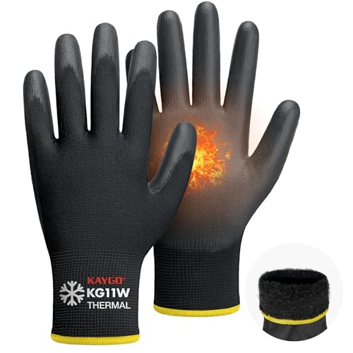 KAYGO Thermo Arbeitshandschuhe PU beschichtet für Herren Damen 12 Paar antirutsch Grip Gefütterte Schutzhandschuhe für Winter Arbeit Kühlhaus Lager Bau bei kaltem Wetter KG11W (Schwarz L Gr 9)