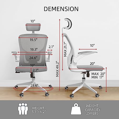 Image of Monhey Office Chairs, Ergonomic Office Chair, Computer Chair with Adjustable Headrest, Lumbar Support, 2D Armrest, Metal Base and Iron Legs, White Frame Grey Mesh Office Chair