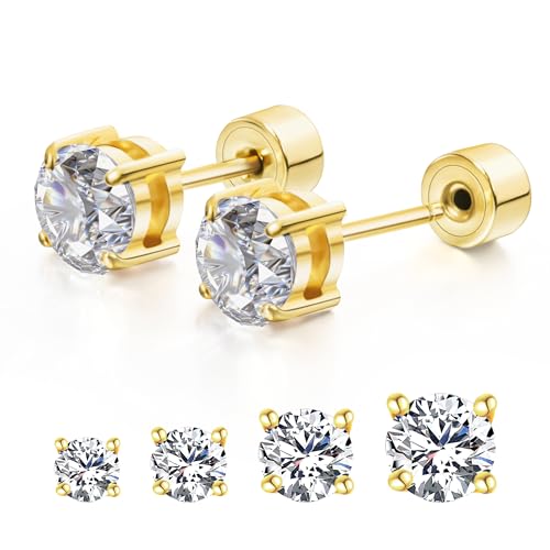 Push-in Cubic Zirconia Flat Back Stud Earrings for Women Men, 14K Gold Plated Hypoallergenic Surgical Stainless Steel Earrings Simulated Moissanite Diamond Studs Set Piercing Earrings 3-6mm