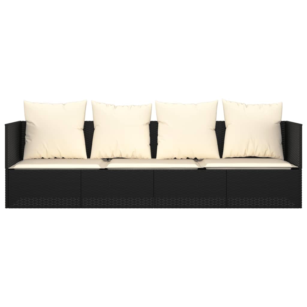Cama de salón para exteriores con cojín de polirratán negro con 4 cojines reclinables color negro con marco de acero