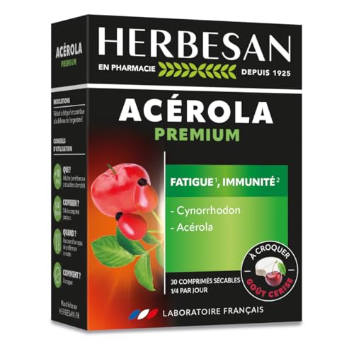 HERBESAN®- ACEROLA PREMIUM - Haute concentration en Vitamine C-Réduction de la fatigue- Acérola naturelle - 30 comprimés à croquer