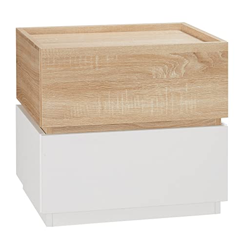 HOMCOM Comodino 2 Cassetti Design Moderno e Impilabile, Tavolino per Soggiorno e Salotto in Legno, 50x40x47.5cm, Bianco e Legno