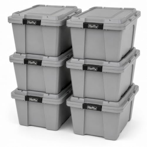 Image of Hefty 18 Gallon Storage Bin with Lid, Heavy Duty Plastic Storage Container Stackable Tote for Garage Closet Home Organization, Large Storage Bin, 6 Pack, Grey