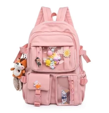 Mochila Feminina Kawai Escolar Passeio Coreana, Grande Capacidade, Impermeável (Rosa)