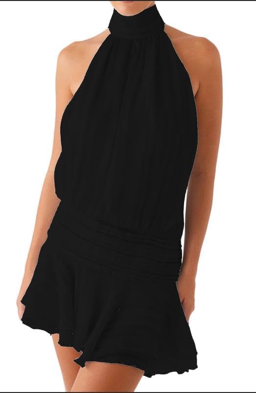 Women's Halter Mini Dress Flowy Pleated Sleeveless Open Back A-Line Ruffle Casual Wedding Date Short Sundress - Image 2