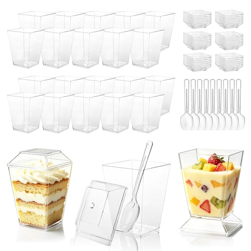 30 Pièces Tasses à Dessert Carrées 5OZ/160ML Gobelets à Dessert Transparents Verrine Plastique Aperitif Réutilisables Coupes avec Couvercle et Cuillères pour Crème Glacée Tiramisu Pudding Mousse Party