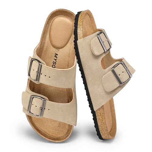 Image of mysoft Womens Flat Sandals Cork Footbed Slides with 2 Straps | Adjustable Buckle Slip On Comfortable Casual Light Weight Summer sandals