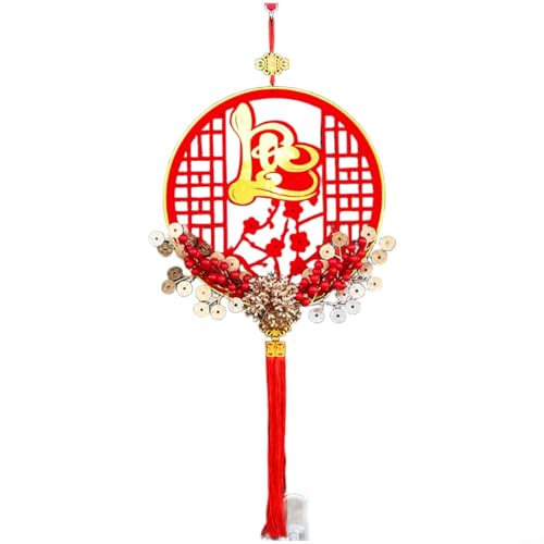 Entgoinggo Carillon éolien en bois fait à la main pour le Nouvel An avec motif fleur de prunier et accents dorés rouges pour décoration d'intérieur (chance)