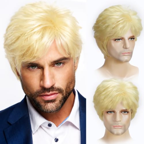 Short Blonde Mens Wig Layered Natural Fluffy Synthetic Hair Wig for Daily