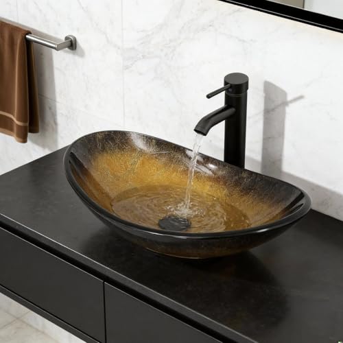 YU YUSING Ensemble Complet- Lavabo Vasque à Poser Ovale en Verre avec Robinet, Lave-Mains, pour Salle de Bain, Cuisine, WC d'invités, Doré Moderne, 53 x 35...