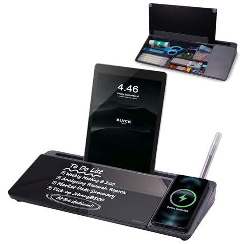 Image of Small Glass Desktop Whiteboard Dry-Erase-Board - Computer Keyboard Stand with Wireless Charger White Board Surface Pad with Drawer, Desk Organizers with Accessories for Office, Home, School Supplies