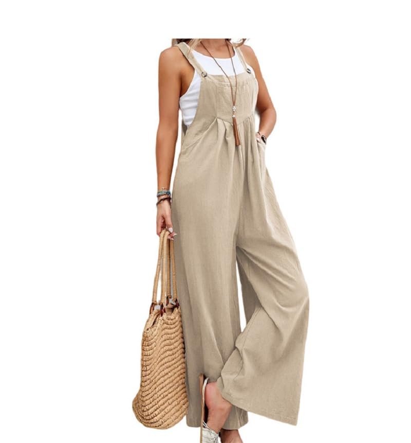 GenericWomen's Loose Fit Linen Overalls Baggy Wide Leg Rompers Jumpsuits Plus Size Adjustable Bib Pants with Pockets