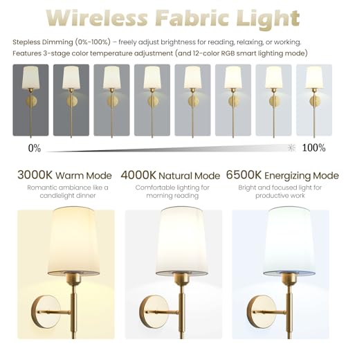 Image of Battery Operated Wall Sconce Set of 2 - Rechargeable Wireless Wall Lights with Remote, 15 Colors Dimmable Gold Sconces for Bedroom, Living Room, Hallway Decor