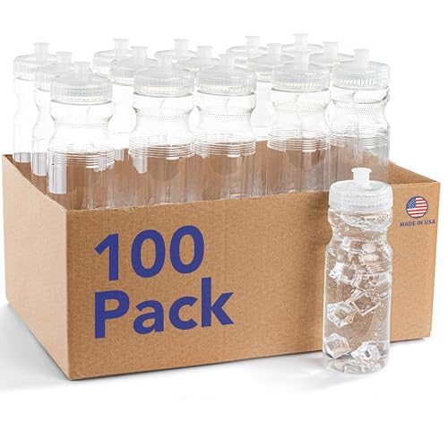 Bulk Water Bottles 100 Pack - 24 Ounce Reusable water bottles Bulk - BPA-Free Easy Open Spin off Cap - Clear Water Bottles for Kids and Adults - Top-Rack - Dishwasher Safe - Sports Bottles (Clear)