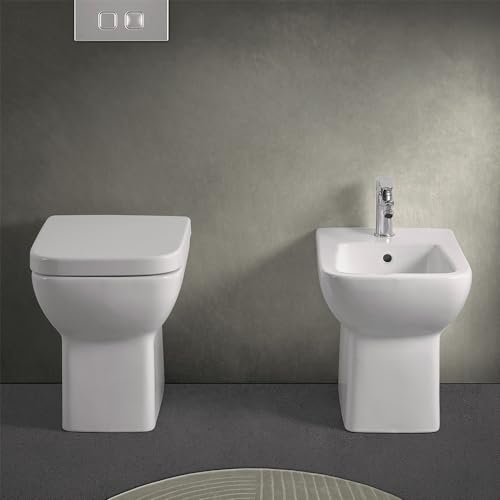 Wc Filomuro Salvaspazio Senza Brida E Scarico Universale, In Ceramica Bianco Lucido Con Profondità 48,5 Cm, Serie Ginevra - 6