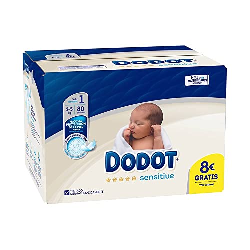 Dodot Sensitive Pañales, Talla 1, Pañales, 2-5 kg, Blanco, Talla Única, Vanilla, 80 Unidad