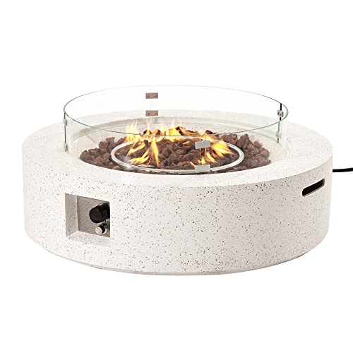 SUNBURY Outdoor 42 Inch Propane Fire Pit Table, Patio Gas Fire Table 50,000 BTU Fire Pit for Outside in Spotted White w Glass Wind Guard, Lava Rocks