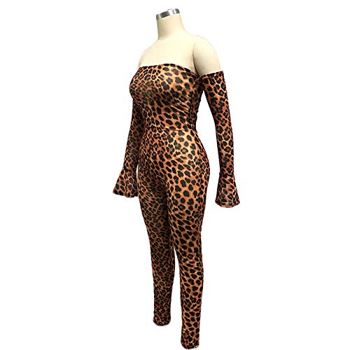 Sprifloral Women Off Shoulder Long Sleeve Sheer Mesh Leopard Print Bodycon Pants Jumpsuit Rompers Clubwear #TOP3
