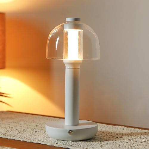 JHY DESIGN Rechargeable Touch Control Table Lamp, 3 Color Dimmable LED Nightstand Lamp, 3000K/6000K,Metal Base & Glass Shade for Restaurant Hotel Bar Bedroom Living Room(Type-C Charging