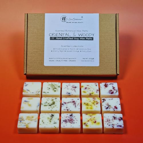 Oriental & Woody - Highly Scented Botanical Wax Melts Collections (15 x 13.5g Hand Crafted) - Vegan Friendly & Cruelty Free - Plastic Free - Provide 8 to 10hrs scents/cube - Made in the UK